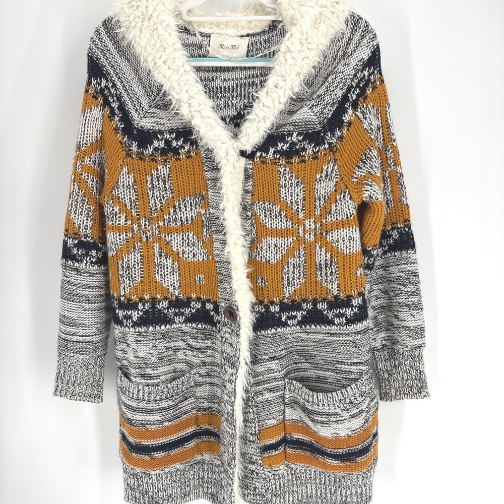 Miss Me Fair Isle Knit‎ Cardigan Small Faux Fur Trim Hooded Boho